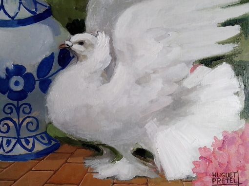 Cerámica, flores y paloma